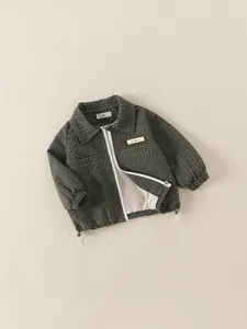 Toddler boys deep olive plaid zip-up jacket with elastic cuffs and drawstring hem