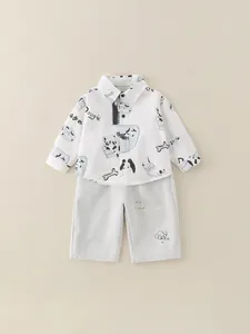Set in Cotone per Bambini con Stampa Cane Cartone Animato Camicia a Maniche Lunghe e Pantaloni Casual Primavera Autunno