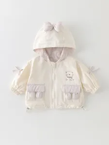 Baby Mädchen Süß Kapuzen Windbreaker Mantel Beige Rosa Karo Schleife Patchwork Kleinkind Niedlich Katze Stickerei Jacke