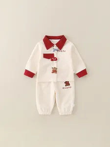 Säugling Baby Bekleidungsset Baumwolle Langarm Kontrast Revers Top Und Hose Outfit Mit Cartoon Welpen Patch Für Jungen Mädchen