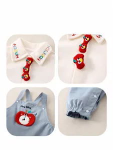 Infant boys cartoon overalls set with white long sleeve polo shirt and blue bib pants