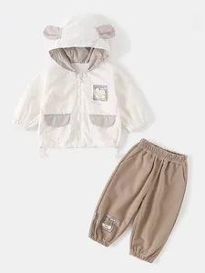 Infant boys hooded bear jacket and khaki trousers two-piece spring outfit set