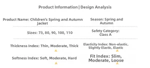 Detailed size chart and Category A safety specifications for kids hooded jacket