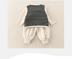 Detail view of toddler boy striped vest set with long sleeves and ribbed cotton pants