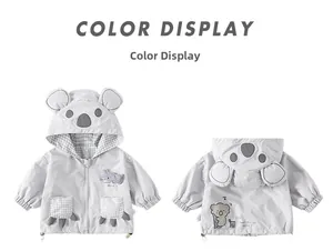Detailed front and back view of a light gray koala-themed hooded jacket for boys