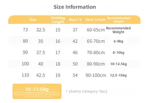 Detailed size chart for children cartoon two-piece suit including length and height guide