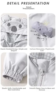 Detail view of boys' koala jacket showing 3D ear hood, cute patches, and windproof cuffs
