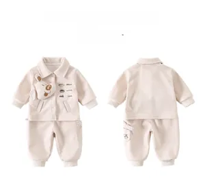 Front and back view of baby beige long-sleeve two-piece set with cute puppy detail