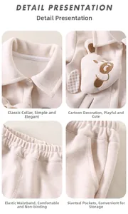 Detail of children's ribbed outfit with turn-down collar and cute cartoon bear accent