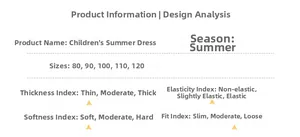 Size chart and fabric details for girls summer dress showing soft breathable material