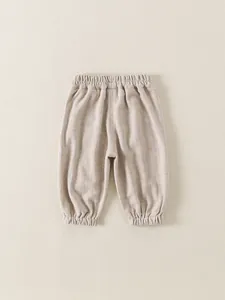 Minimalist beige casual baby joggers with elastic waist and vertical striped texture