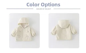 Front and back view of beige hooded jacket with cute rabbit and bow embroidery details