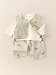 Completo 3 pezzi neonato stile coreano con gilet stampa cane e abito in cotone
