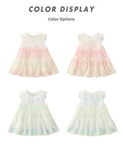 Detail view of the layered gradient mesh ruffles and white Peter Pan collar on the girls' dress