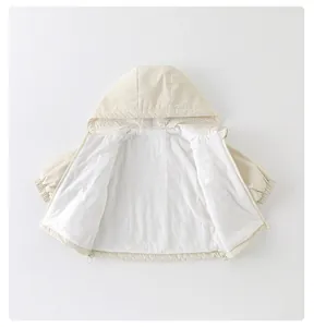 Detail of hooded jacket with floral lining, zipper closure and warm fleece interior