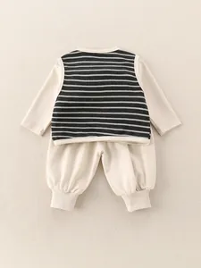 Boys beige long-sleeve jumpsuit and grey striped vest two-piece cotton spring outfit set