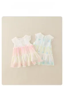 Detailed close-up of embroidered Peter Pan collar and macaron gradient summer dress