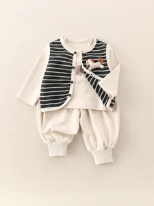 Three-piece toddler boys' outfit with striped vest, beige top, and jogger pants