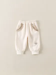 Pantaloni Casual in Cotone per Bambina Con Ricamo a Fungo Tasca Con Volant Stile Coreano Pantaloni Morbidi Bianco Sporco
