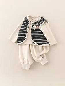 Three-piece boys' spring outfit with striped vest, long-sleeve top, and matching pants