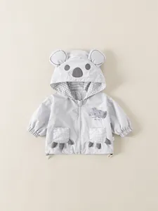 Cute Koala Baby Boys Hooded Jacket Windproof Spring Autumn Lightweight Outerwear With 3D Ears Plaid Pockets Zipper Coat