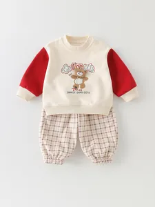 Toddler Boys Casual Cotton Sweatshirt And Plaid Pants Outfit Cartoon Bear Embroidery Patchwork Long Sleeve Top For Kids