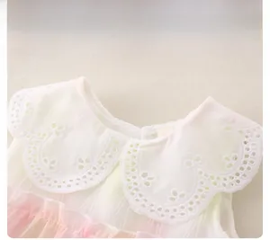 Detailed view of white hollowed-out embroidery Peter Pan collar on girls' gradient dress