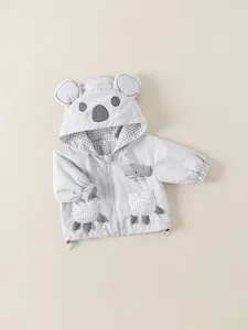 Cute light grey boys windbreaker with koala ears hood and plaid lining detail