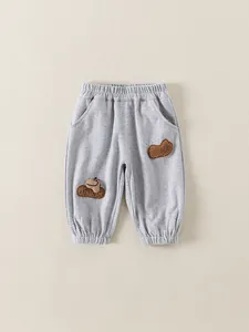 Boys Casual Grey Jogger Pants With Cartoon Dinosaur Patch Toddler Spring Autumn Elastic Waist Sweatpants For Kids