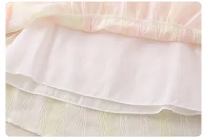 Macro detail of breathable pleated fabric with smooth lining in pastel gradient pink and yellow