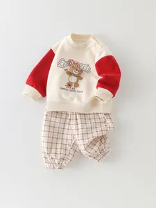 Cute cotton long-sleeve toddler suit featuring bear patches and brown plaid pants
