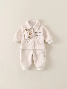 Toddler Baby Cartoon Dog 3D Decor Outfit Polyester Long Sleeve Lapel Jacket And Plaid Pants For Spring Autumn Casual Clothing