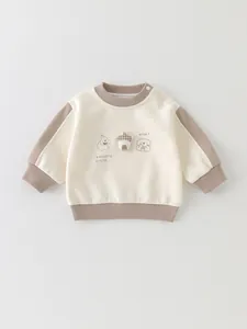 Baby boy spring cotton sweatshirt with cartoon dog embroidery and brown ribbed trim
