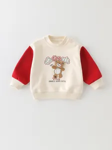 Two-tone beige and red toddler cotton sweatshirt with cute brown bear embroidery
