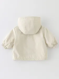 Back view of girls floral hooded windbreaker jacket with elastic cuffs in beige