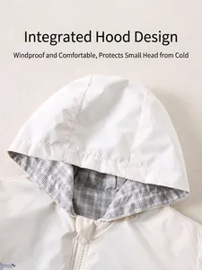 Kids off-white hooded jacket with soft grey plaid lining and windproof zip-up design