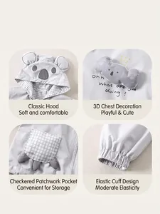 Gray boys hooded jacket with cute 3D koala ears and checkered pocket details