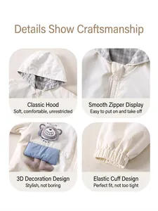 Kids hooded windbreaker jacket with grid lining and 3D teddy bear decoration