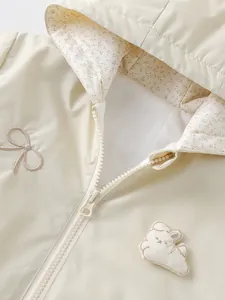 Girls beige hooded jacket with floral lining and cute cartoon bear embroidery
