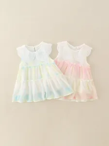 Girls Summer Sleeveless Gradient Tiered Dress With Embroidery Peter Pan Collar Princess Plissé Chiffon Look Party Gown