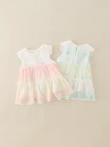 Girls gradient sleeveless dress with white lace collar and tiered ruffle layers