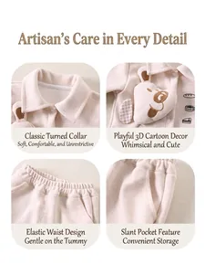 Toddler cartoon bear knit outfit featuring classic lapel and elastic waistband