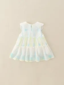Girls summer sleeveless cotton dress with blue yellow watercolor stripes and lace collar