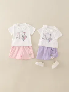 Meisjes Zomer Kledingset Kant Kraag Korte Mouw T-Shirt En Shorts Met Kers Patch Schattige Hart Print Outfits Voor Peuters