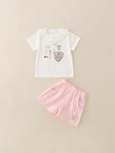 2-delige zomeroutfit voor meisjes met kanten kraag T-shirt en roze korte broek met kers