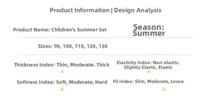 Detailed size chart for kids summer sets showing fit, softness, and fabric parameters