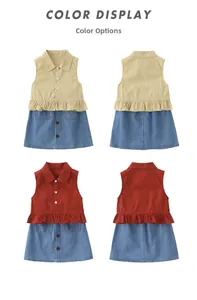 Detail view of khaki and red sleeveless shirts with denim skirts showing color options