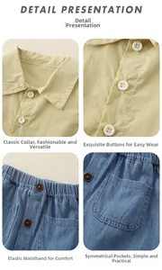 Detail view of cotton sleeveless top with turn-down collar and elastic denim shorts set