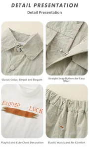Detail view of boys' green shirt with lapel collar, printed T-shirt and elastic waistband