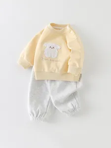 Schattige gele puppy sweatshirt en grijze joggingbroek tweedelige set voor baby meisjes